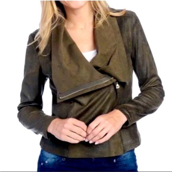 ZARA Draped Faux Suede Moto Jacket Khaki Olive Green - Picture 1 of 10